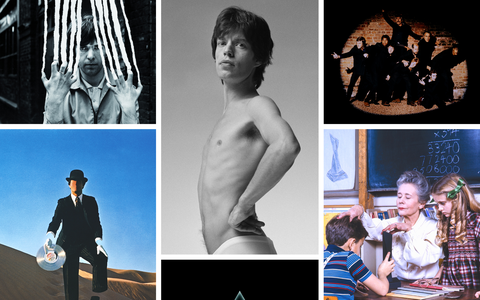 Hoezen van Hipgnosis voor - met de klok mee - Peter Gabriel, Wings, Led Zeppelin en Pink Floyd. In het midden een foto van Mick Jagger voor een niet gebruikt ontwerp voor het album Goats Head Soup van The Rolling Stones.