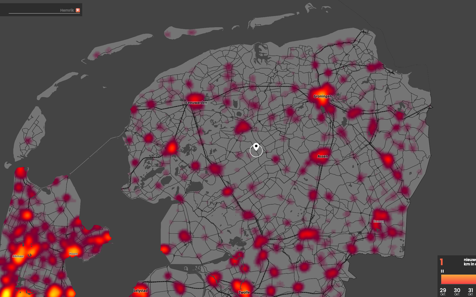 Deze kaart laat de ontwikkeling van coronabesmettingen in Nederland zien