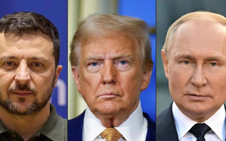 De kans is klein dat er een gesprek komt tussen de Oekraïense president Volodimir Zelensky (links) en diens Russische ambtgenoot Poetin (rechts) voordat Poetin vrijdag met de Amerikaanse president Trump (midden) spreekt.
