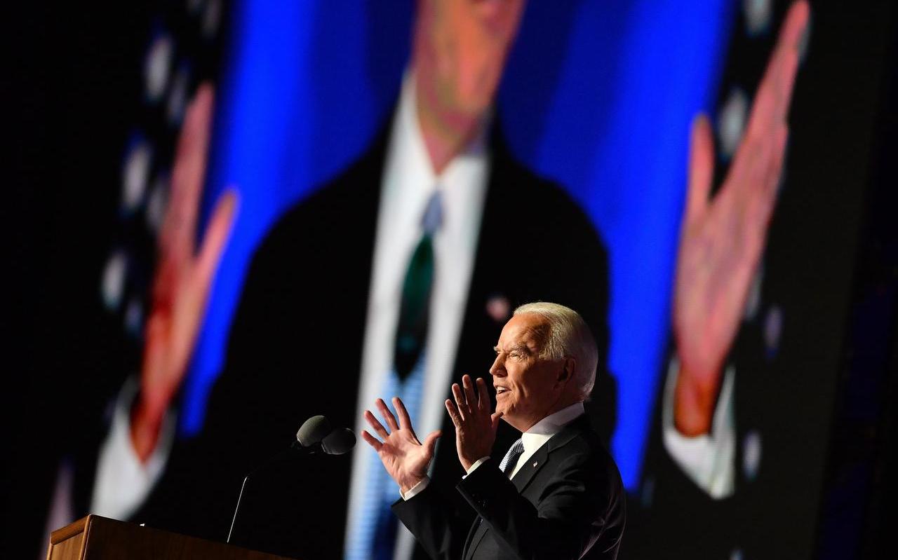 Joe Biden zaterdag tijdens zijn overwinningsspeech in zijn woonplaats Wilmington in de staat Delaware. Joe Biden zaterdag tijdens zijn overwinningsspeech in zijn woonplaats Wilmington in de staat Delaware.