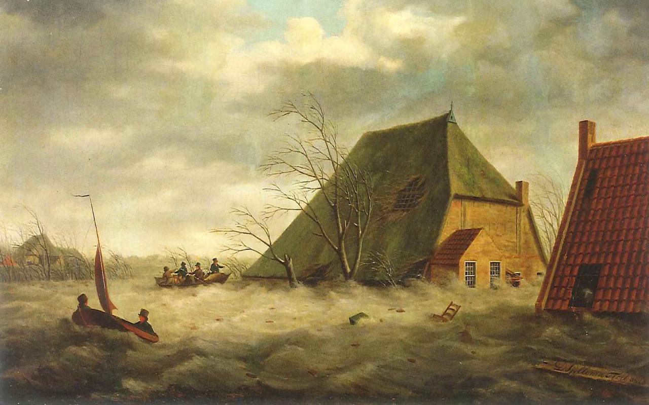 Het zuiden van Friesland was kwetsbaar bij hoog water en westerstormen. Via de Tsjonger drong de Zuiderzee ver het land in. Hier een schilderij van D.P. Sjollema over een overstroming in februari 1825 ten noorden van Wolvega, toen op tal van plaatsen de dijken doorbraken. FOTO ARCHIEF LC