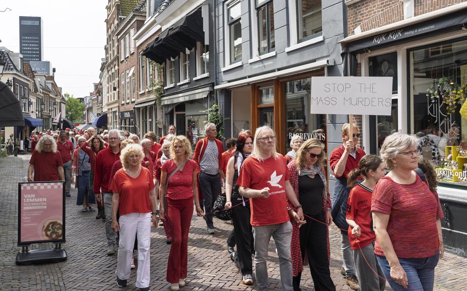  Als de voorste linie de Oldehove allang is gepasseerd, golft de rij nog steeds richting Oldehoofsterkerkhof.
