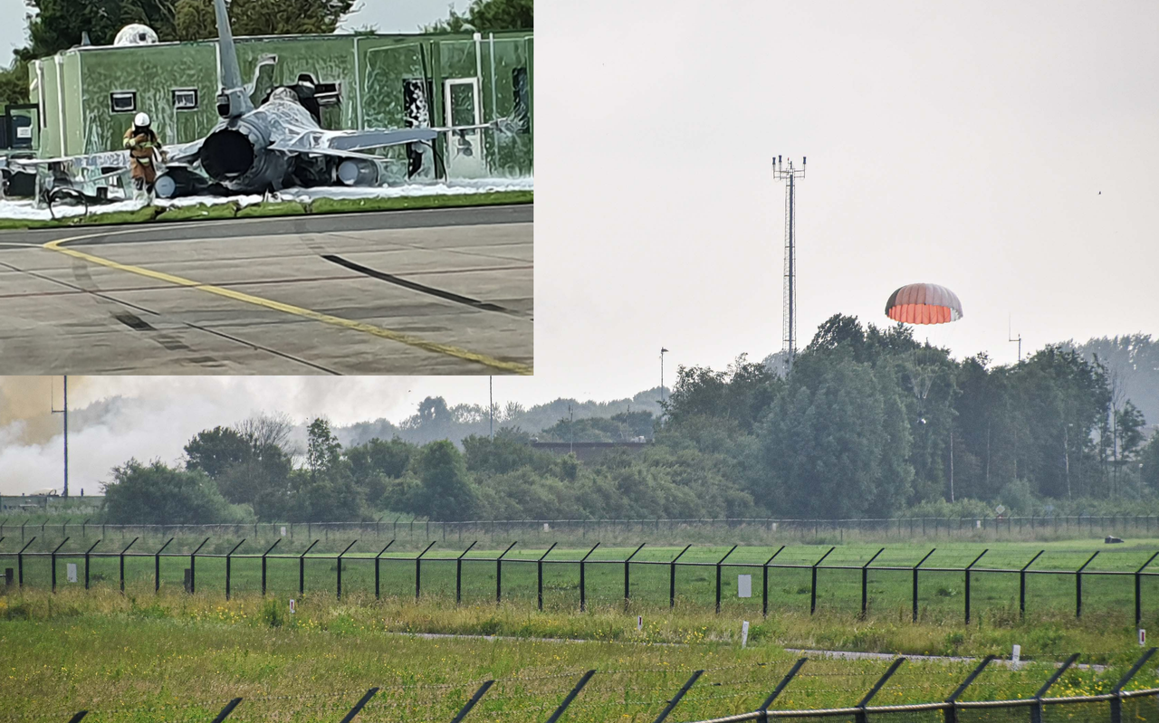 Het moment waarop de Belgische piloot aan zijn parachute hing. Uiterst rechts in het weiland is zijn schietstoel te zien. Linksboven is goed te zien hoe de F-16 het gebouw heeft geraakt. Het moment waarop de Belgische piloot aan zijn parachute hing. Uiterst rechts in het weiland is zijn schietstoel te zien. Linksboven is goed te zien hoe de F-16 het gebouw heeft geraakt.