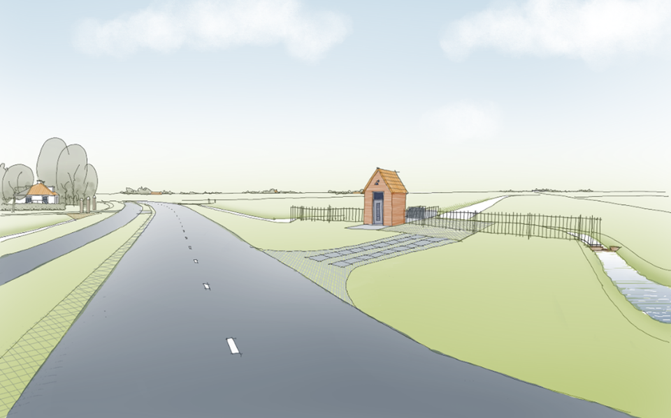 Schetsontwerp van het nieuwe gemaal Ringwiel. De gemalen East Ynje en Skatting Bartsje krijgen ongeveer hetzelfde uiterlijk. 