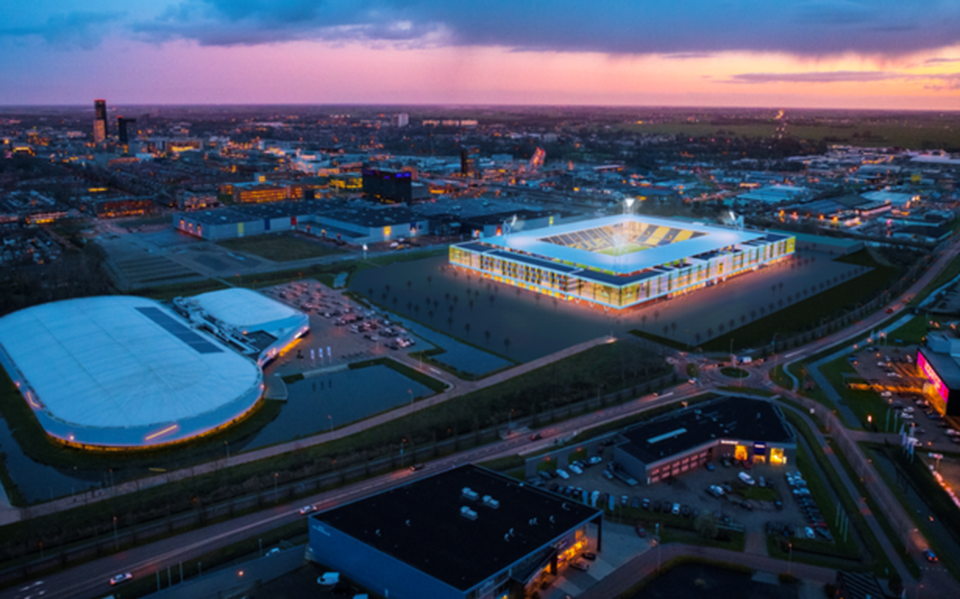 Het WTC-gebied in beeld, met het nieuwe stadion van Cambuur. FOTO BOUWGROEP DIJKSTRA DRAISMA
