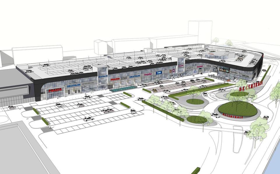 Het plan voor de oostelijke uitbreiding van het Leeuwarder winkelpark De Centrale met op de begane grond een Aldi en boven een parkeerdek. 
ILLUSTRATIE WINKELPARK DE CENTRALE