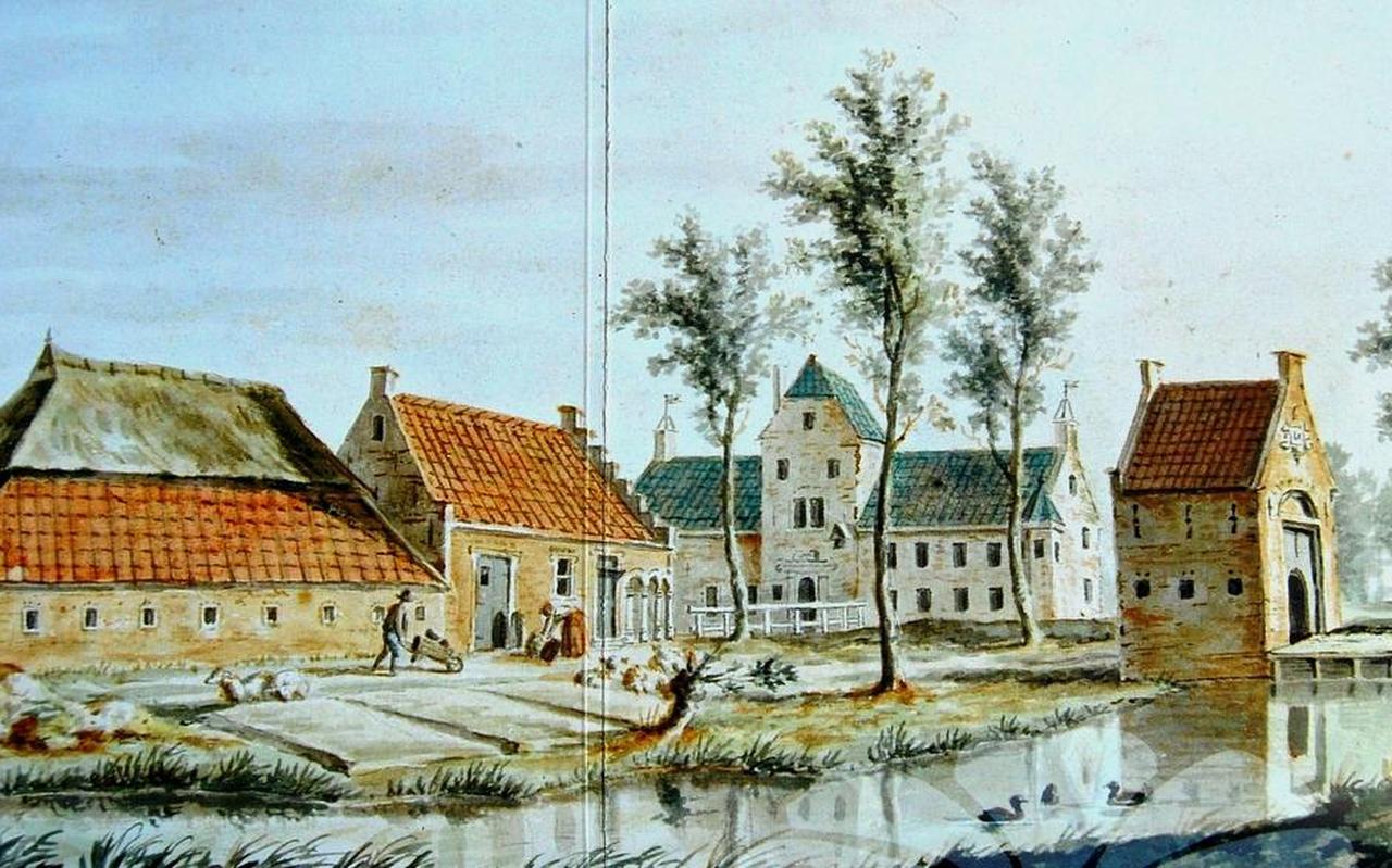 Op het erf van adellijke states stond vroeger vaak een boerderij. Dat is op deze afbeelding van de Leeuwarder Camminghastate (Cambuur) in 1782 goed te zien. Op de achtergrond staat het slot en rechts het poortgebouw bij de erftoegang. Afbeelding Historisch Centrum Leeuwarden. Op het erf van adellijke states stond vroeger vaak een boerderij. Dat is op deze afbeelding van de Leeuwarder Camminghastate (Cambuur) in 1782 goed te zien. Op de achtergrond staat het slot en rechts het poortgebouw bij de erftoegang. Afbeelding Historisch Centrum Leeuwarden.
