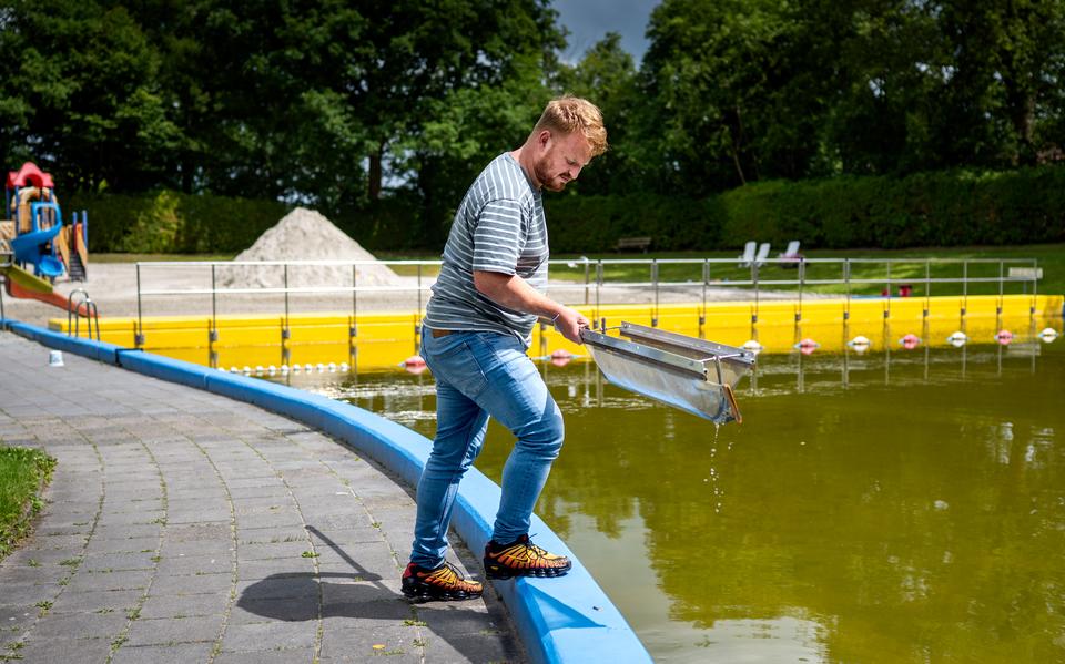Jelmer de Jong vangt met zijn schepnet poelslakken in Natuurbad Jubbega. 