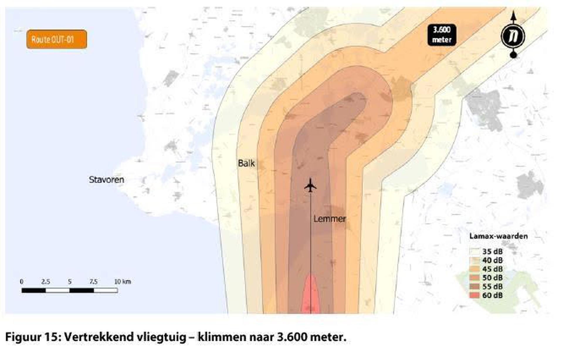 Afbeelding uit de geactualiseerde milieueffectrapportage Lelystad Airport met het ‘geluidspad’ van opstijgende vliegtuigen richting Scandinavië die over een deel van Friesland gaan.
