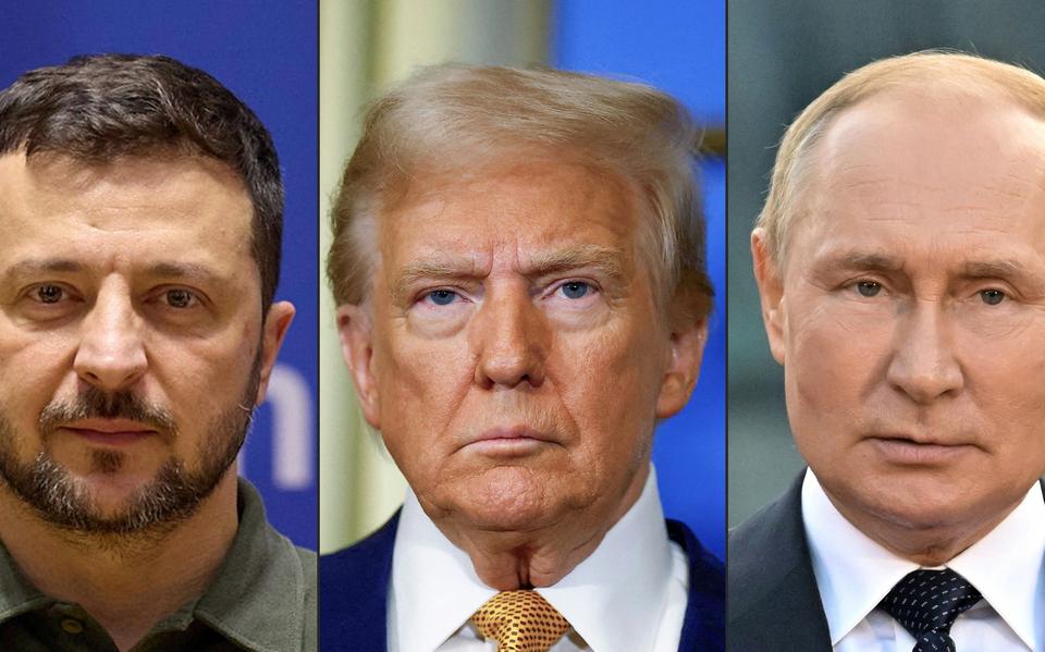 De hoofdrolspelers Zelensky, Trump en Poetin.