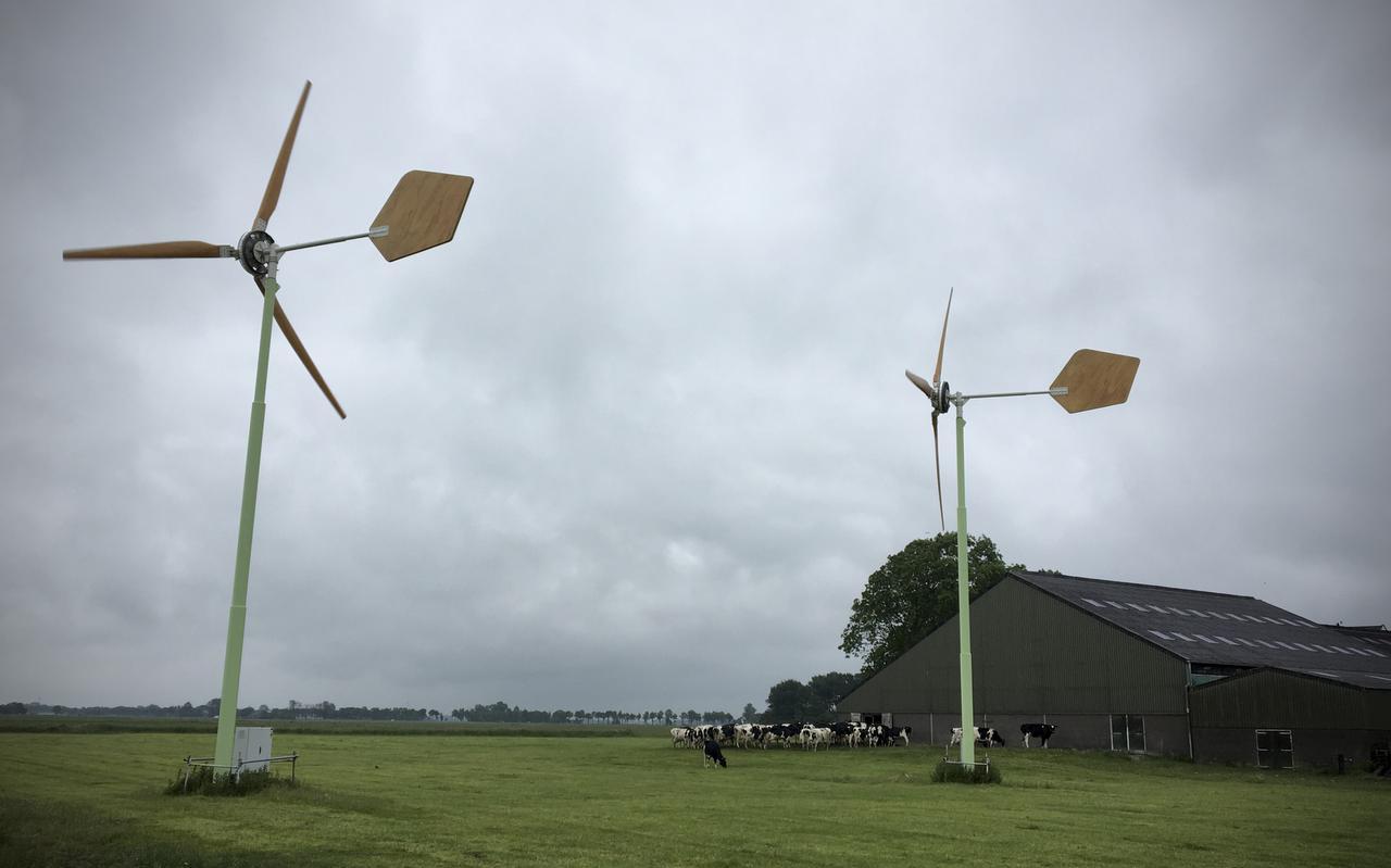 Twee Groninger molens met houten windvaan van E.A.Z. Wind tussen Warffum en Onderdendam. Twee Groninger molens met houten windvaan van E.A.Z. Wind tussen Warffum en Onderdendam.