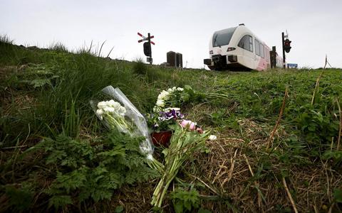 Bloemen bij de plaats van het dodelijke spoorwegongeval bij Harlingen. FOTO CATRINUS VAN DER VEEN
