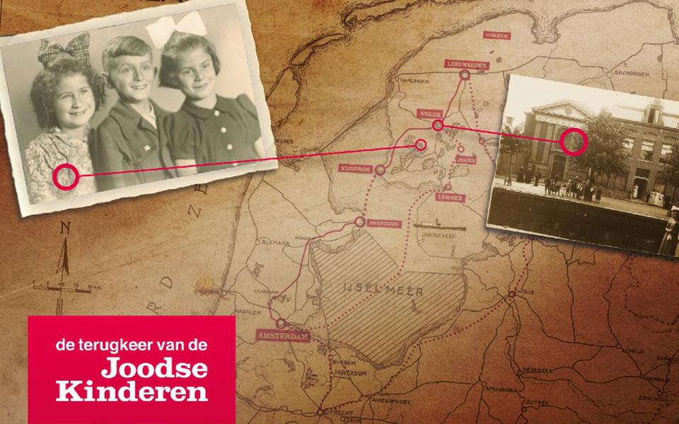 Een kaartje met de route waarlangs de Joodse kinderen vanuit Amsterdam naar Friesland werden gesmokkeld. Inzet links: onderduikster Lea Tropp met broer Izak en nichtje Basja. Inzet rechts: de Doopsgezinde kerk aan de Singel in Sneek.