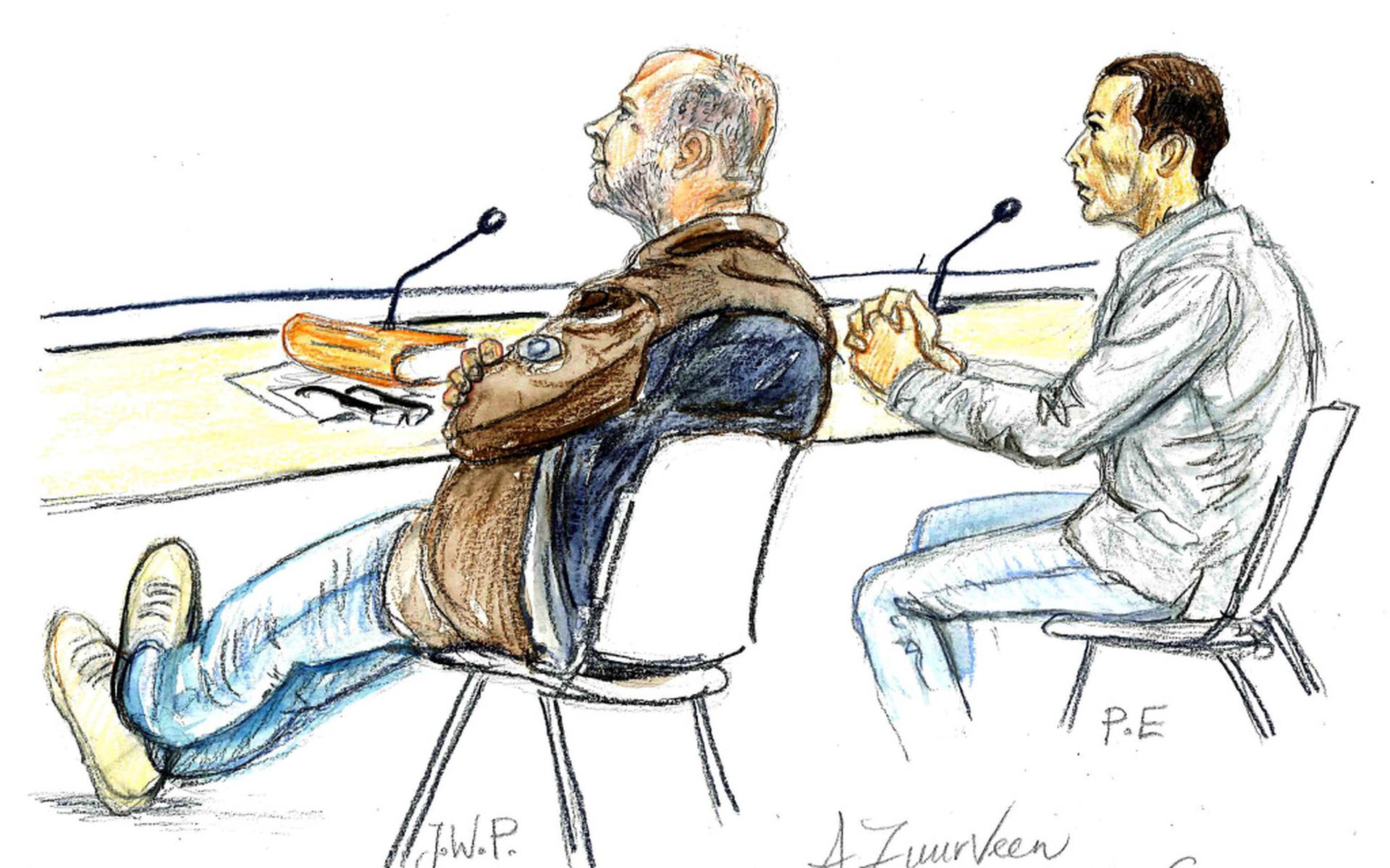 Willem P. (links) voor de rechtbank in 2013. Hij zit naast Pascal E., de man die Jan Elzinga doodschoot. Tekening: Annet Zuurveen