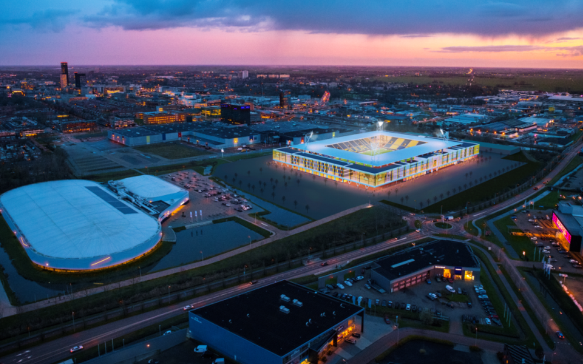 Het WTC-gebied in beeld, met het nieuwe stadion van Cambuur. FOTO BOUWGROEP DIJKSTRA DRAISMA
