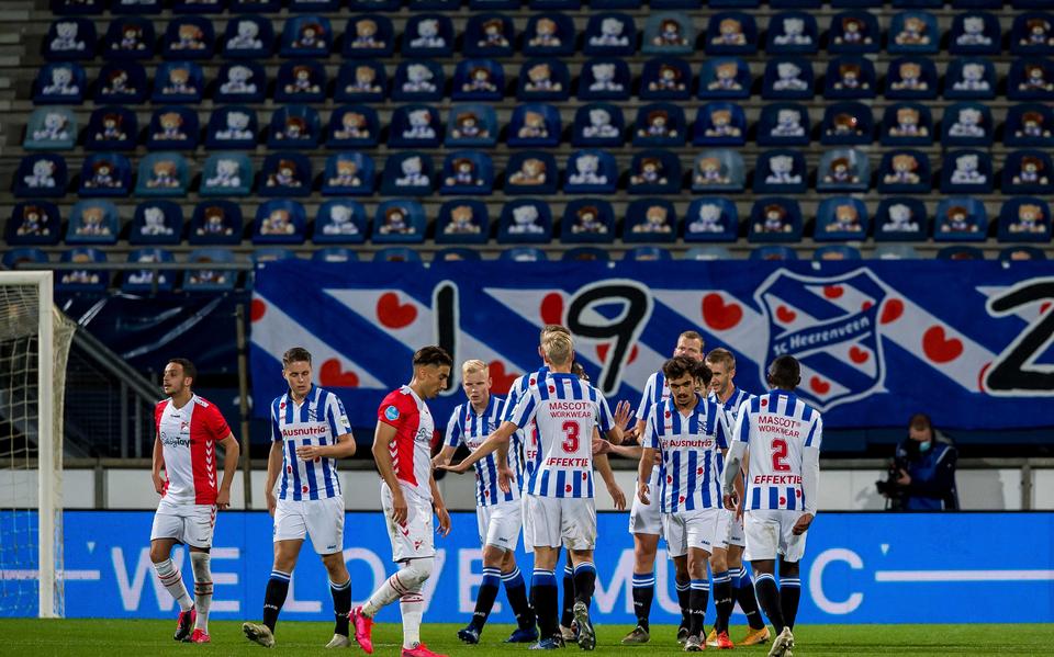 Spelers van SC Heerenveen vieren de 1-0 tegen FC Emmen. De beren op de tribune kijken toe.