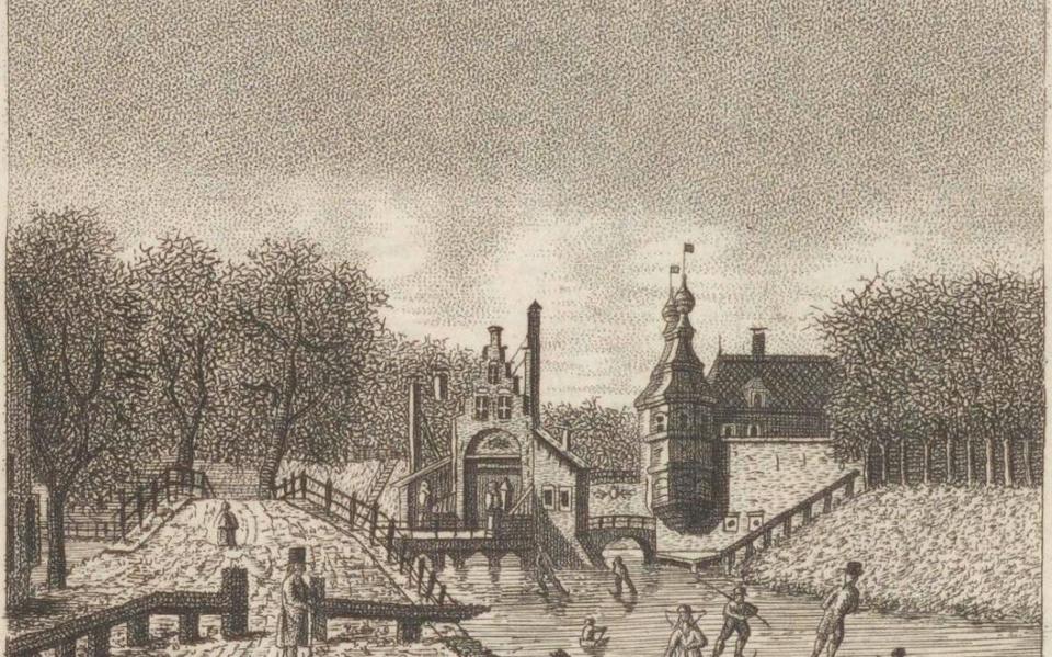 Winterlandschap: schaatsen op de gracht bij de Wirdumerpoort in Leeuwarden. Afbeelding: Historisch Centrum Leeuwarden.