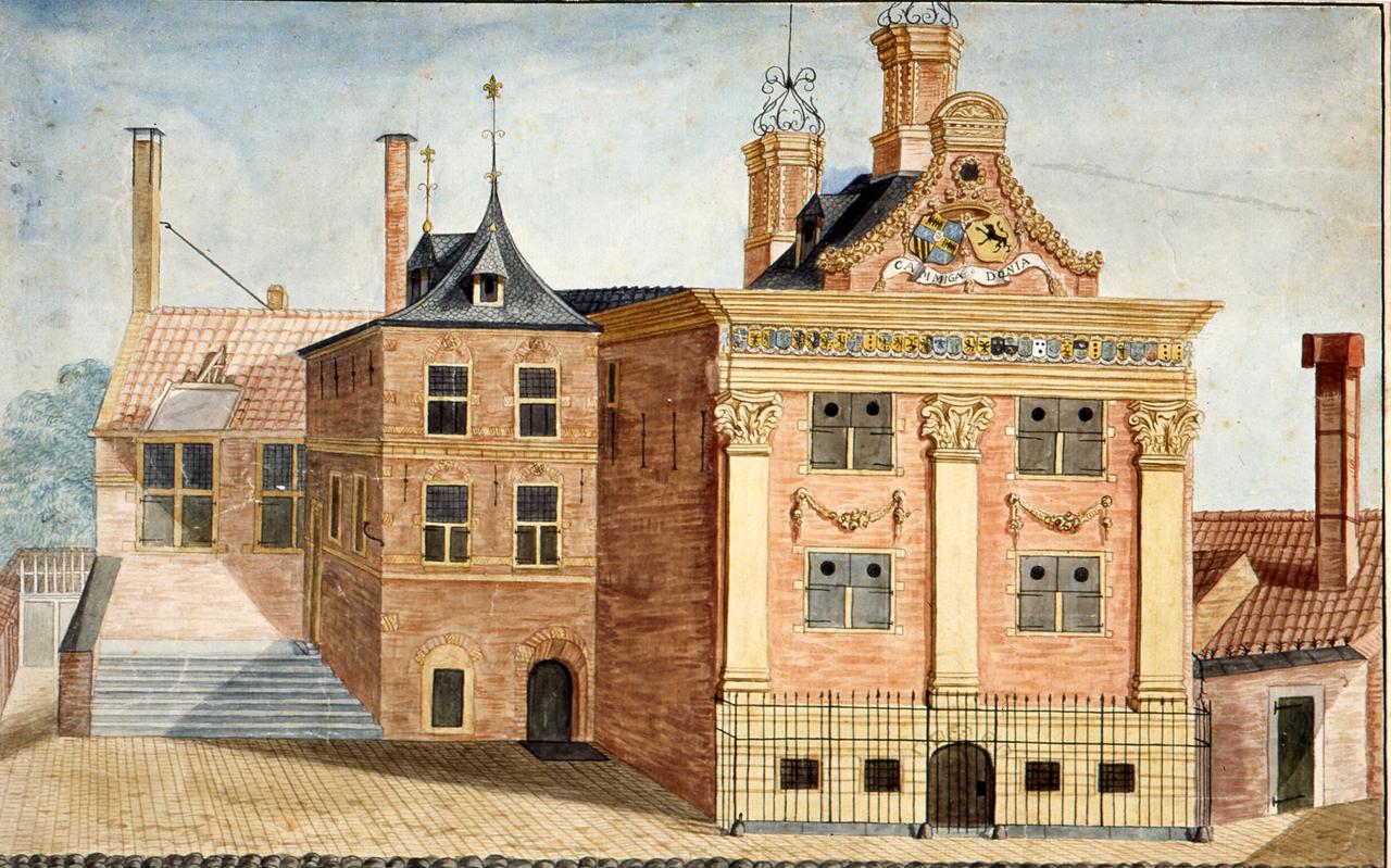Historische afbeelding van het Amelandshuis in Leeuwarden. 