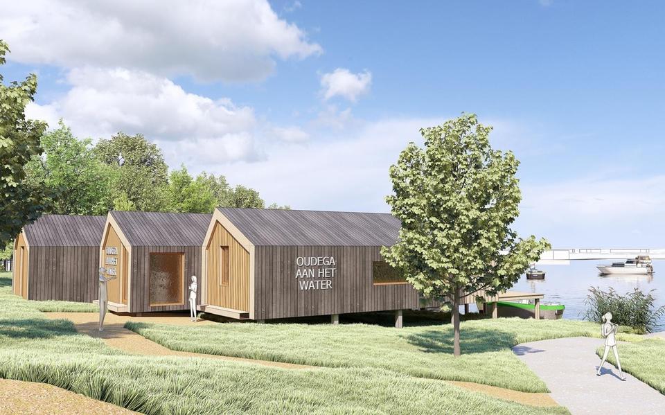 
Het horecapaviljoen komt er zo uit te zien, qua stijl in lijn met de elf houten recreatiewoningen. 