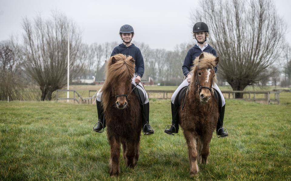 Isis Tiensta en Serahlynn Lok uit Beetsterzaag en Gorredijk bij de prikweide, buiten de manege in Franeker.