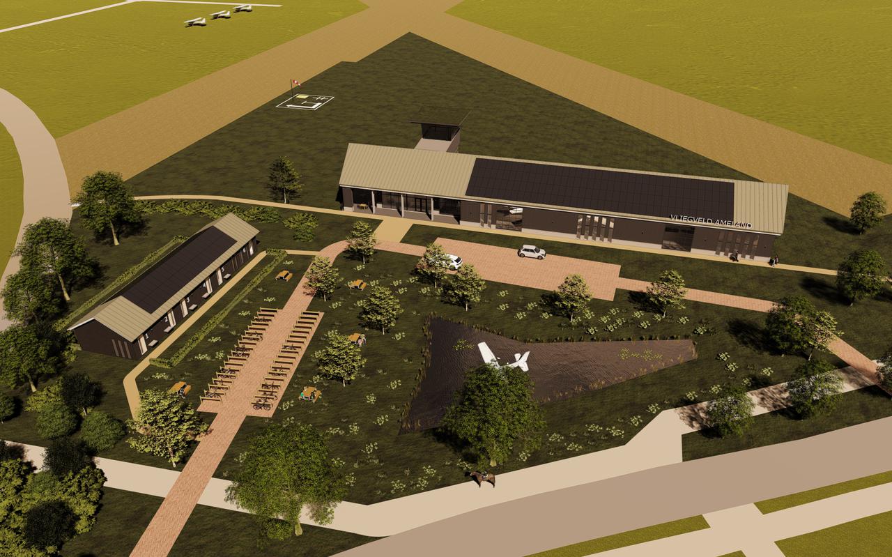 Het ontwerp van de nieuwbouw van Vliegveld Ameland van bovenaf, met links het logementengebouw, rechtsboven de hangar, links van dat gebouw het bezoekerscentrum en daar tussenin de verkeerstoren. 