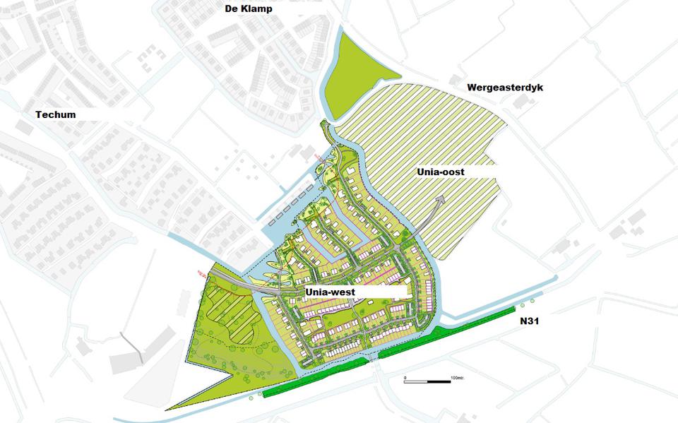 Kaart van de wijk Unia aan de zuidkant van Leeuwarden. 
