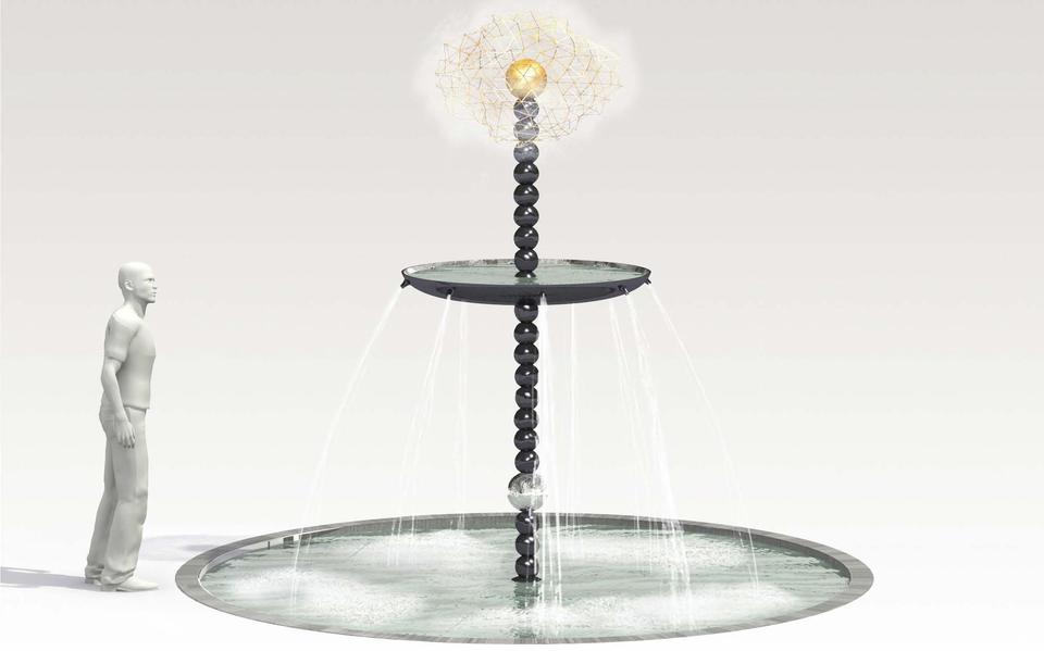 De fontein zoals hij bedoeld is met onder de stralen en bovenin de bol met de zogenaamde Oortwolk