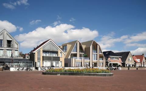 Hotel Gestrand, zoals de architecten het nu hebben ontworpen. Het pand aan de Havenweg is gelegen schuin tegenover de veerbootterminal. 