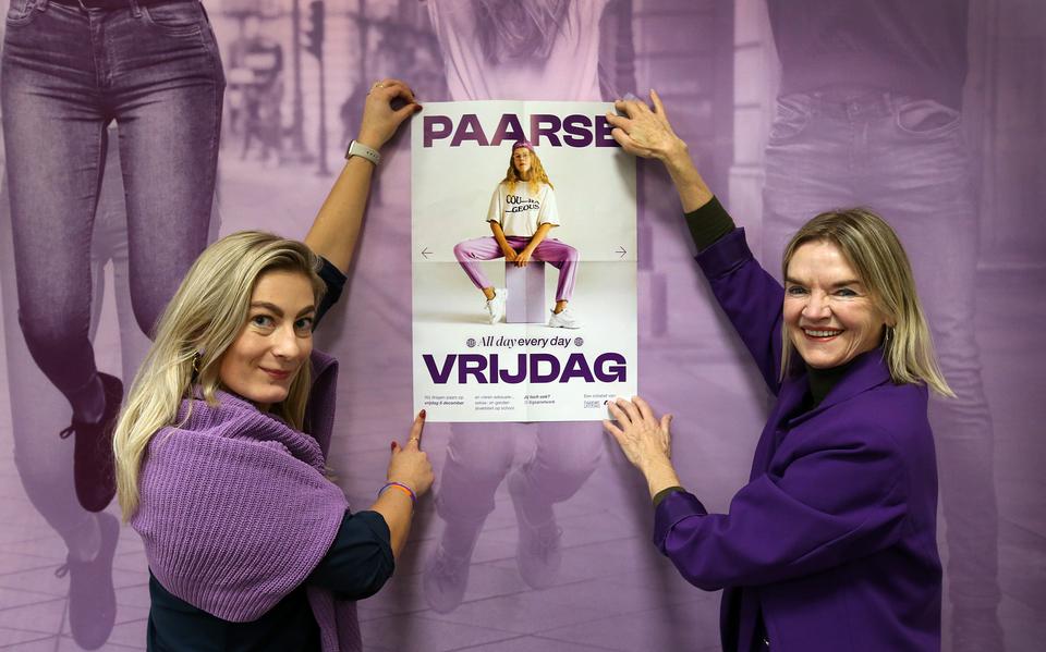 Docent Esther Postmus van Firda in Heerenveen en haar Leeuwarder collega Fokelien van der Meulen plakken een poster met de aankondiging van Paarse Vrijdag. 