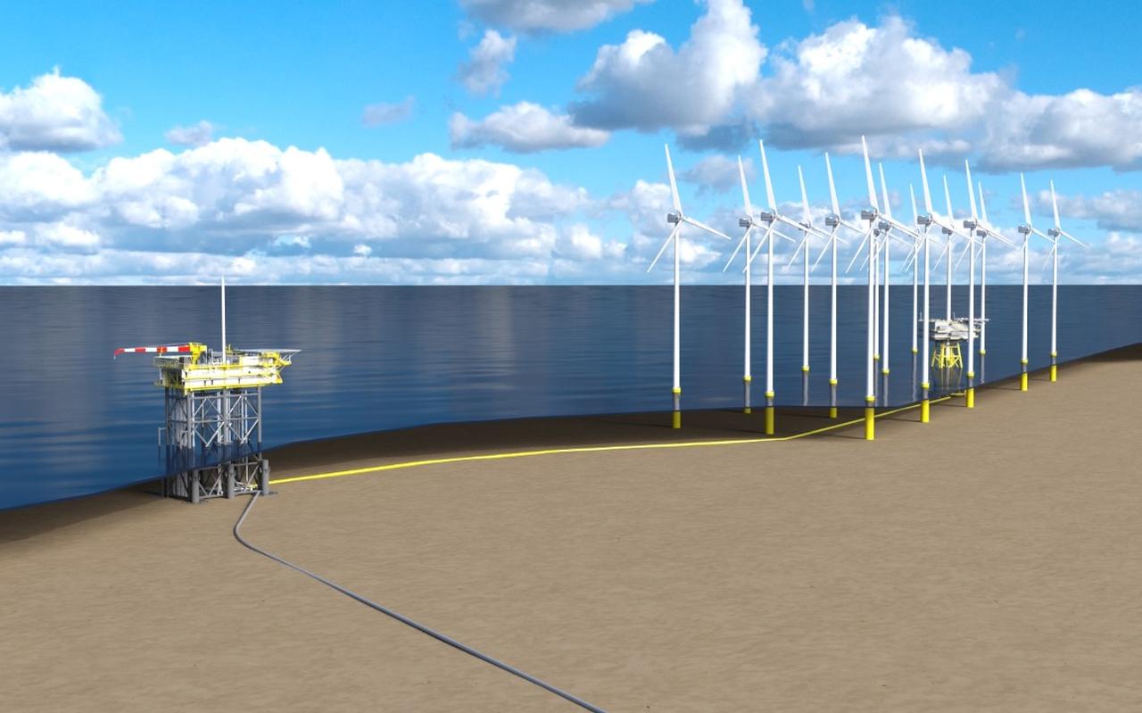 Het boorplatform zoals het boven Schiermonnikoog wordt gebouwd wordt aangesloten op het windpark Riffgat. Het boorplatform zoals het boven Schiermonnikoog wordt gebouwd wordt aangesloten op het windpark Riffgat.