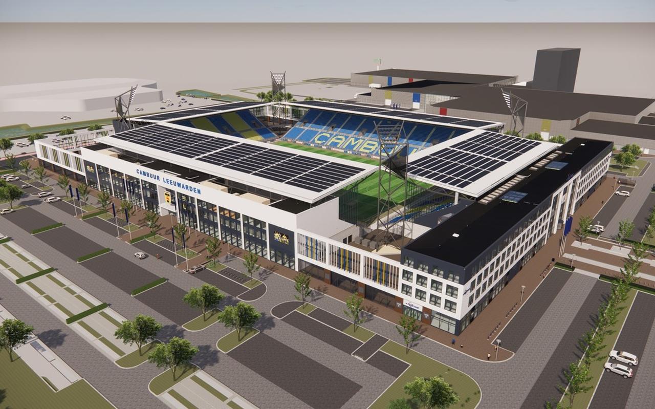 In het nieuwe ontwerp van het Cambuurstadion zijn alleen de tribunes overdekt, de hoeken niet. In het nieuwe ontwerp van het Cambuurstadion zijn alleen de tribunes overdekt, de hoeken niet.
