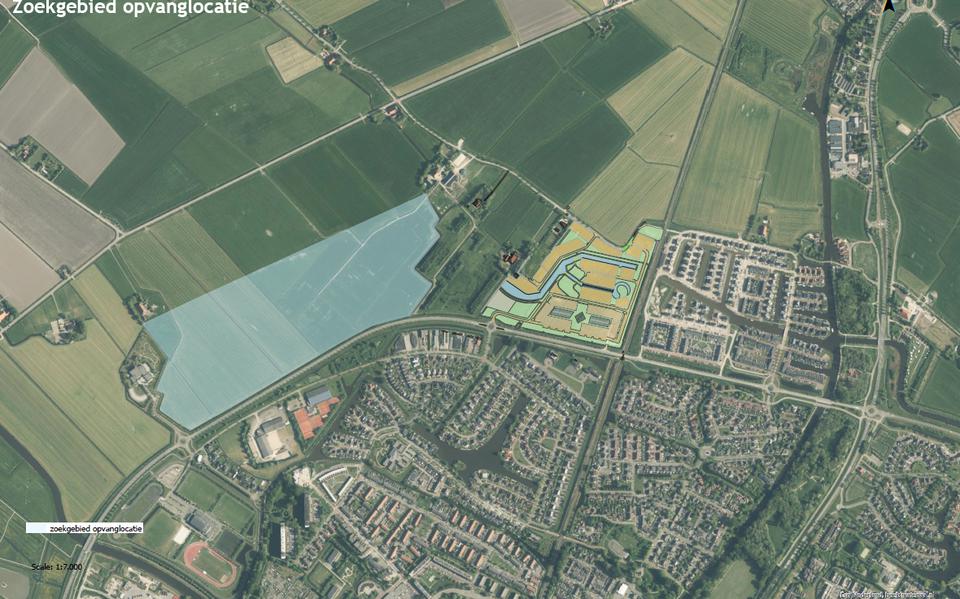 Het zoekgebied voor een nieuwe opvanglocatie voor vluchtelingen in een toekomstige uitbreiding van Harinxmaland in Sneek.