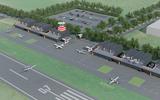 Een impressie van het vliegveld: hangars gecombineerd met kantoren en horeca.