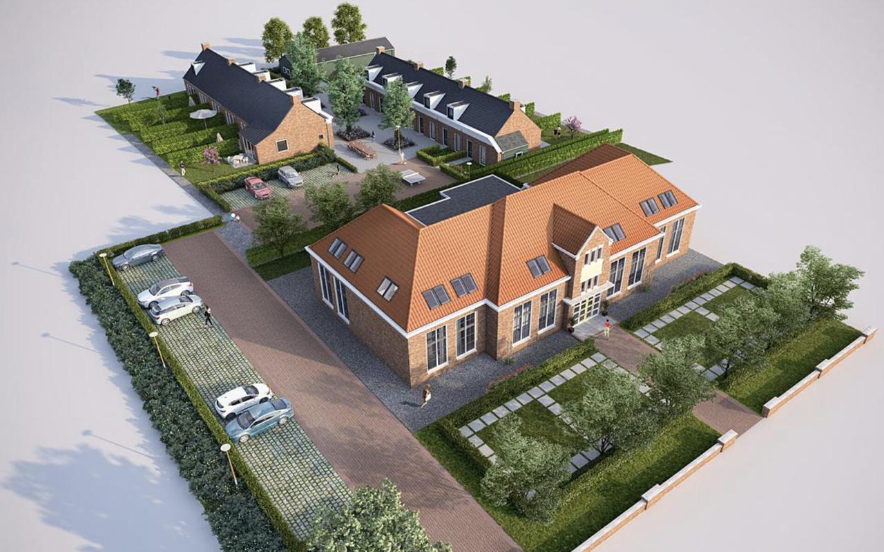 Het schoolgebouw waarin appartementen komen met daarachter de tien starterswoningen. Het schoolgebouw waarin appartementen komen met daarachter de tien starterswoningen.