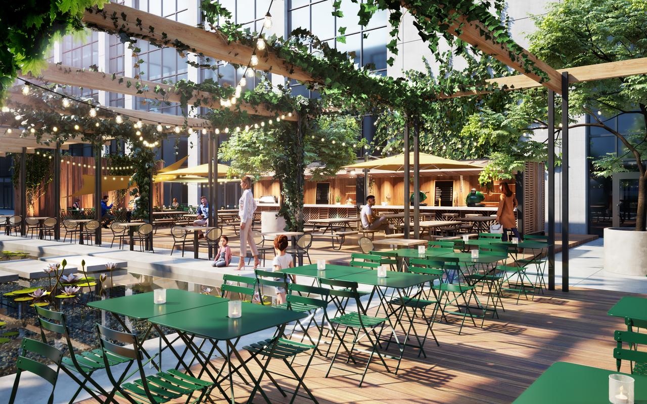 Artist impression van het terras dat in de binnentuin van Markt058 moet verrijzen. Artist impression van het terras dat in de binnentuin van Markt058 moet verrijzen.