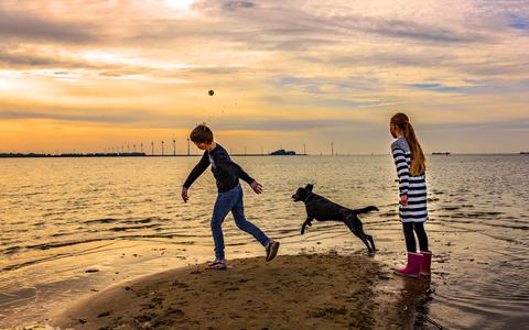 Nog op 29 oktober kon de jas uit op het strand van Lemmer, zoals Mace en Lenthe van ’t Hoff uit Almere deden toen ze samen met hun vader en moeder en hond Togo een lang weekend in Friesland vierden.