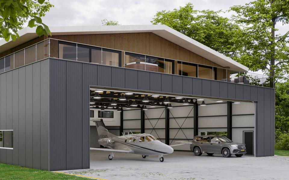 De hangarwoningen bieden soms ruimte aan meerdere vliegtuigen en auto's.