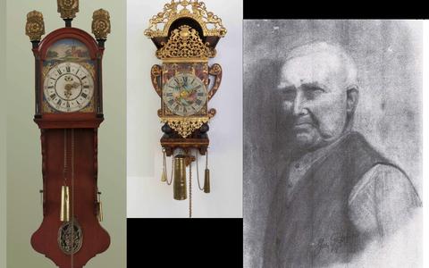 Rechts de laatste uurwerkmaker van Grou, Jou Ratsma. De klok in het midden is niet van zijn hand, maar van een van de 
eerste uurwerkmakers: Rinse Durks. Tekening gemaakt door Jehan Ratsma 