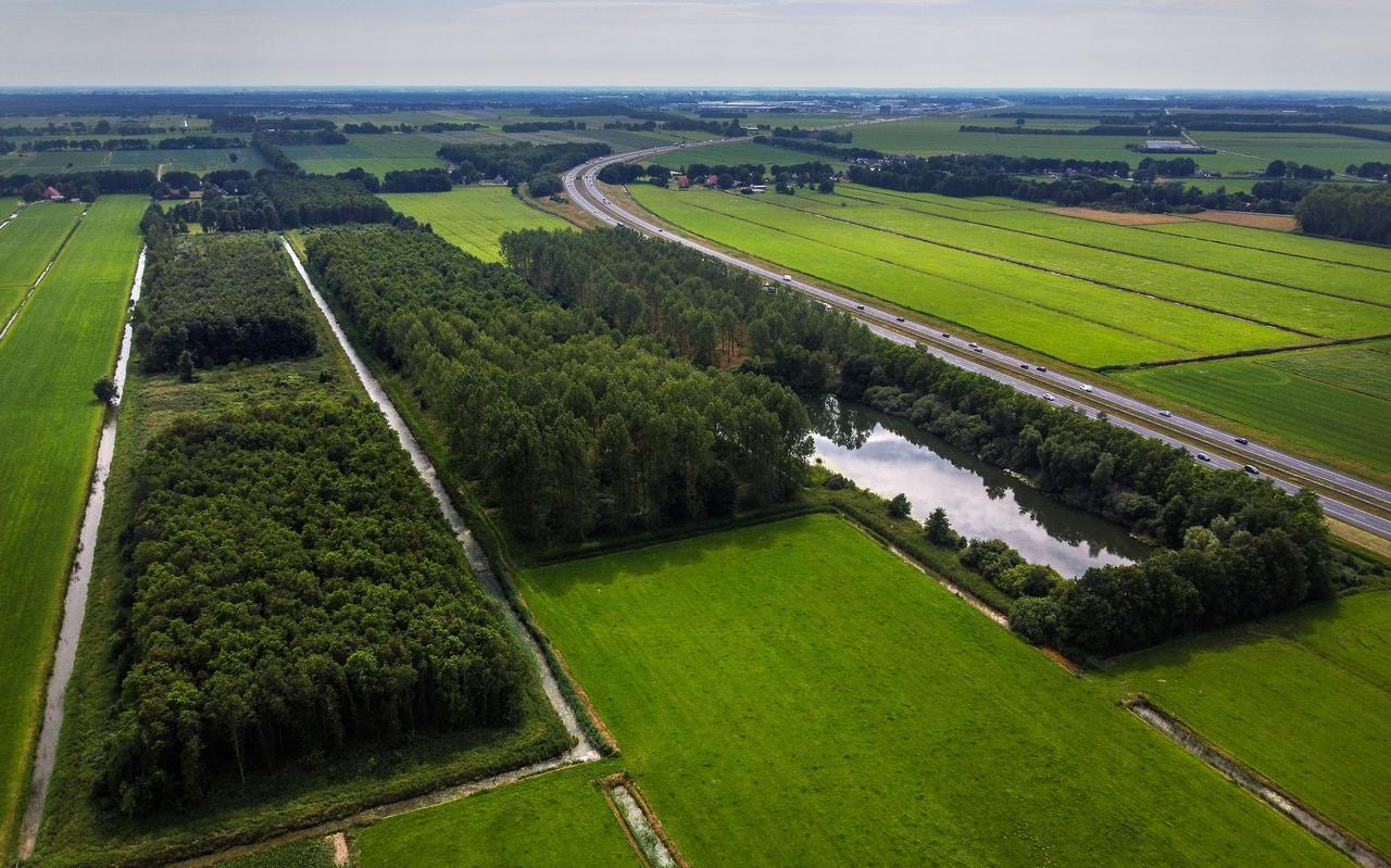 De winlocatie bij Luxwoude komt in het huidige bos van Staatsbosbeheer. Rechts de snelweg A7, in de verte het Heerenveense industrieterrein IBF. De strook direct naast de snelweg, inclusief de waterplas, blijft ongebruikt onder meer met het oog op de Lelylijn.