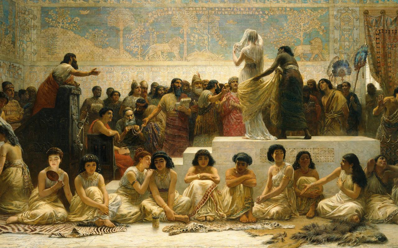 De Babylonische huwelijksmarkt door Edwin Long uit 1875. Het schilderij kwam ook voor op het examen Grieks.