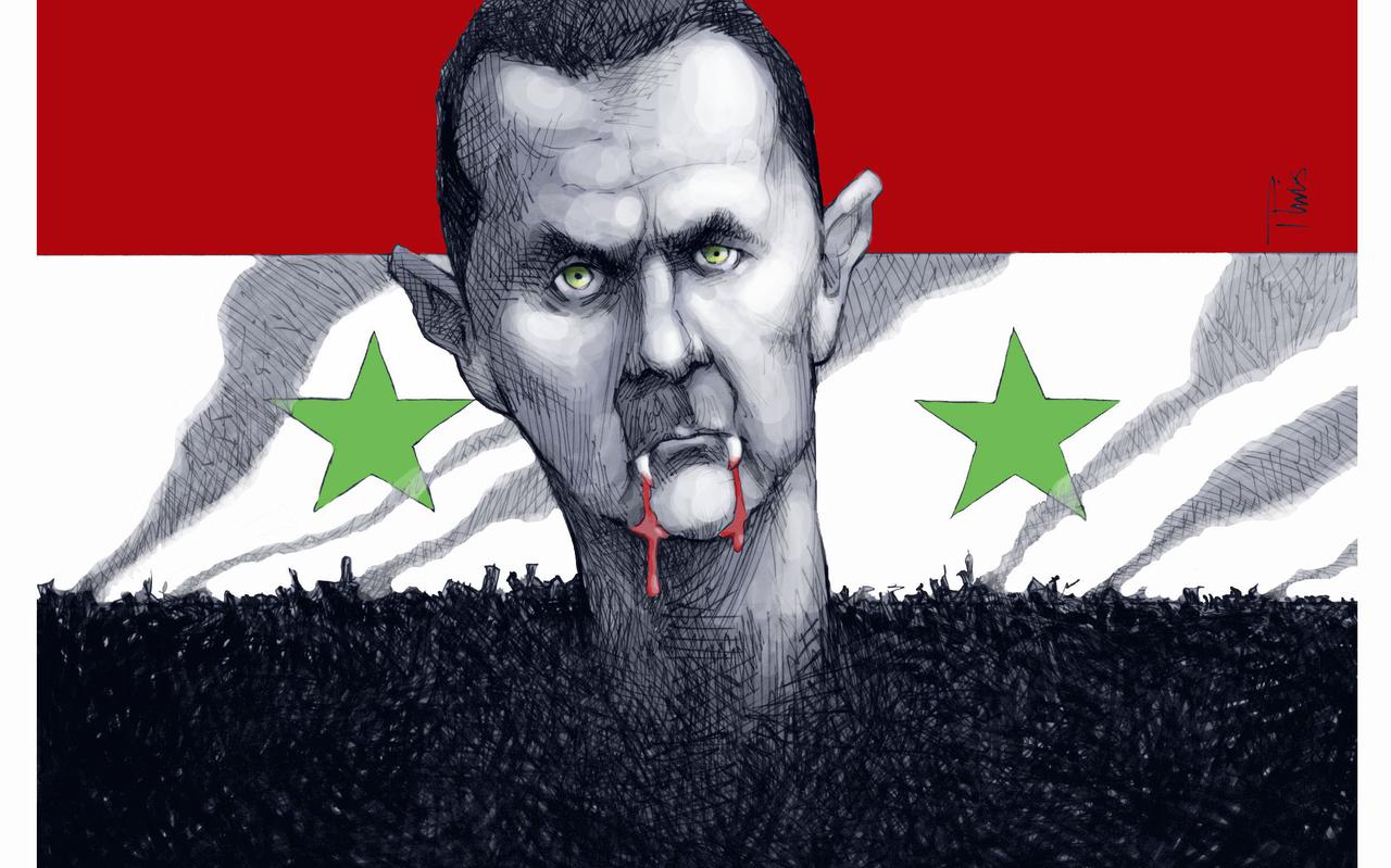 Cartoon van de Syrische president Assad. TEKENING ERIC VAN DER WAL
