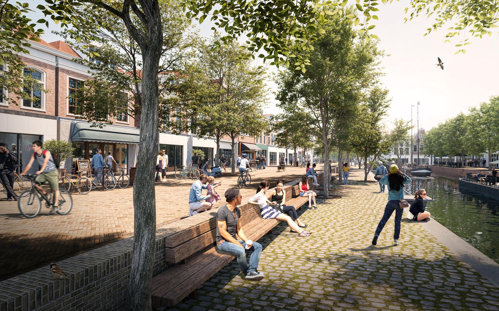 De zuidzijde van de Leeuwarder Nieuwestad krijgt een verlaagde kade met bankjes bij de herinrichting. Er komen ook meer bomen. 