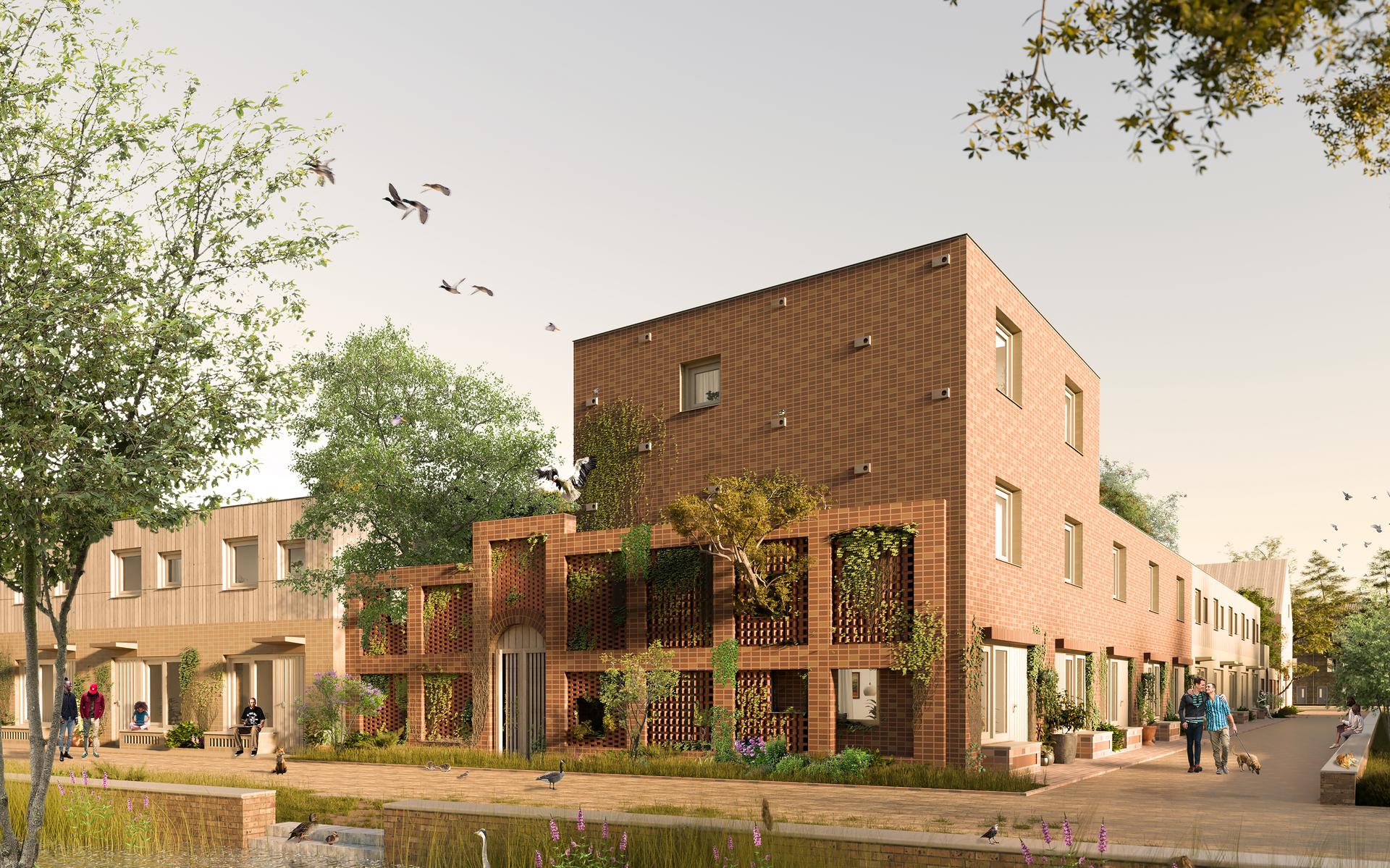 De toekomstige circulair gebouwde huizen van WoonFriesland bij de Insulindestraat in Leeuwarden. 