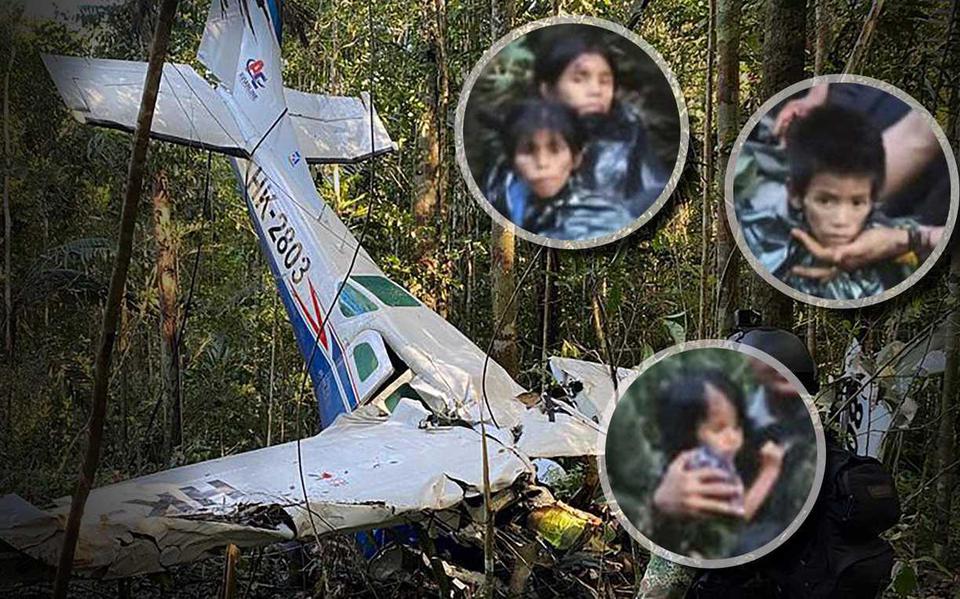 Het neergestorte vliegtuig en de vier teruggevonden kinderen in de jungle van Colombia.