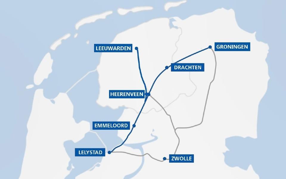 Het precieze traject van de Lelylijn is nog niet bekend, maar de kans is groot dat de spoorlijn via Emmeloord, Joure en Drachten naar Groningen zal rijden.