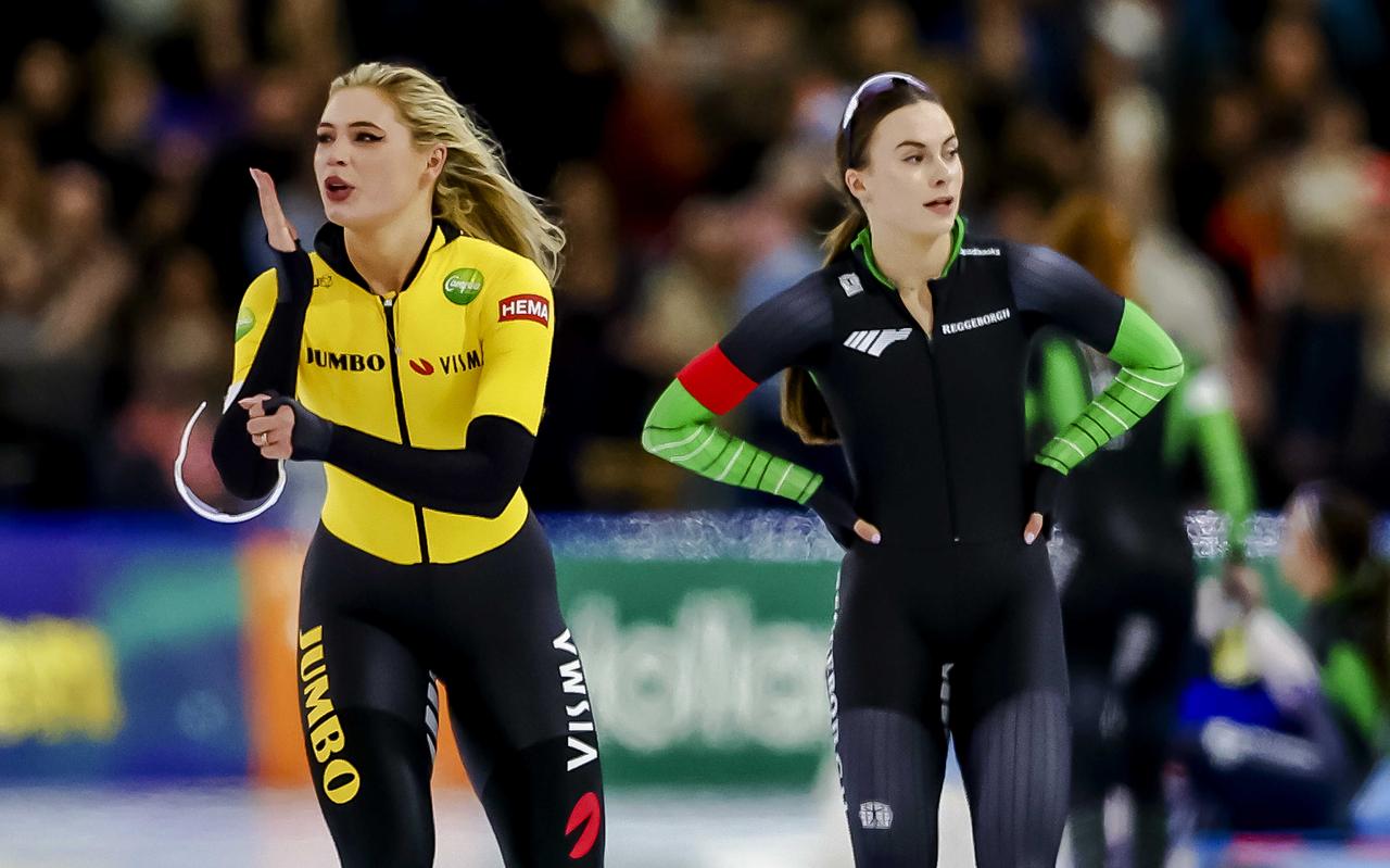 Jutta Leerdam (links) is kampioen, Femke Kok is uiteindelijk tevreden met zilver. Jutta Leerdam (links) is kampioen, Femke Kok is uiteindelijk tevreden met zilver.