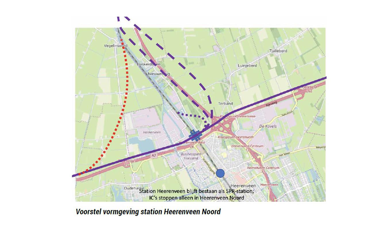 Een spoorboog nabij het klaverblad van Heerenveen kan ervoor zorgen dat reizigers tussen Leeuwarden en de Randstad niet hoeven over te stappen in Heerenveen. Bron afbeelding: Potentieonderzoek verbeterde OV-verbinding Noord-Nederland - Randstad, 2020.