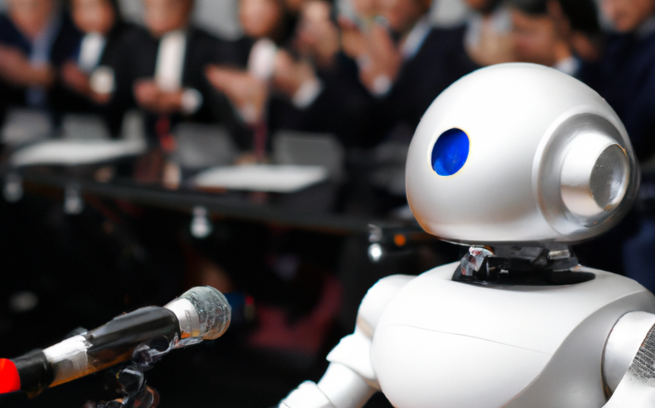 'Een robot geeft een persconferentie', AI-gegenereerd door Dall-E 2.