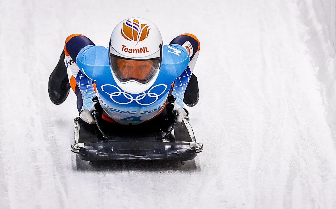 Kimberley Bos in haar bronzen skeletonrace tijdens de Winterspelen van Peking, afgelopen februari.