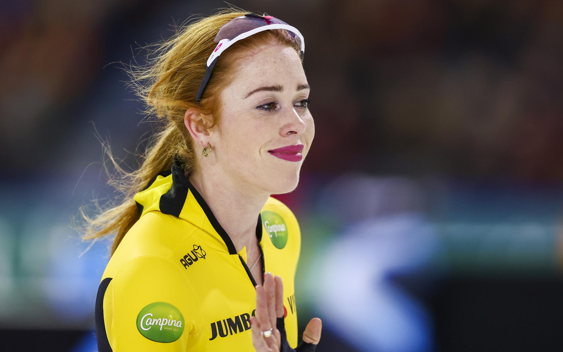 Antoinette Rijpma-De Jong reageert na de 500 meter tijdens de eerste dag van de NK Allround.